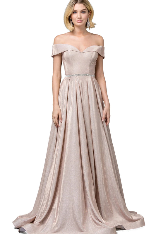 Featuring a floor-length skirt, this Gold prom dress is shown in full view.