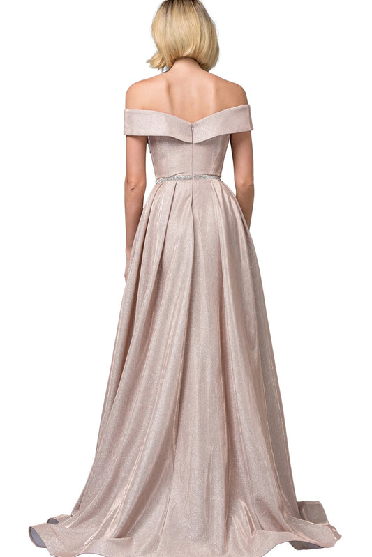 Featuring a floor-length skirt, this Rose Gold prom dress is shown in full view.