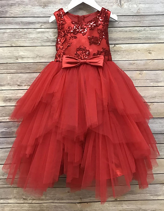 Red USA Made | Embroidered Sequined Top with Gorgeous multiple tiered skirt - front view of dress on hanger