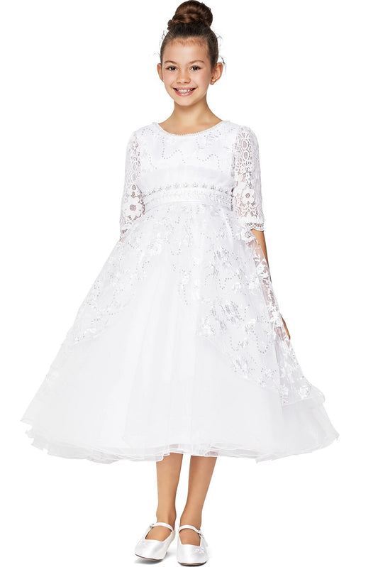 White communion dress featuring three-quarter lace sleeves and a beaded waistband.