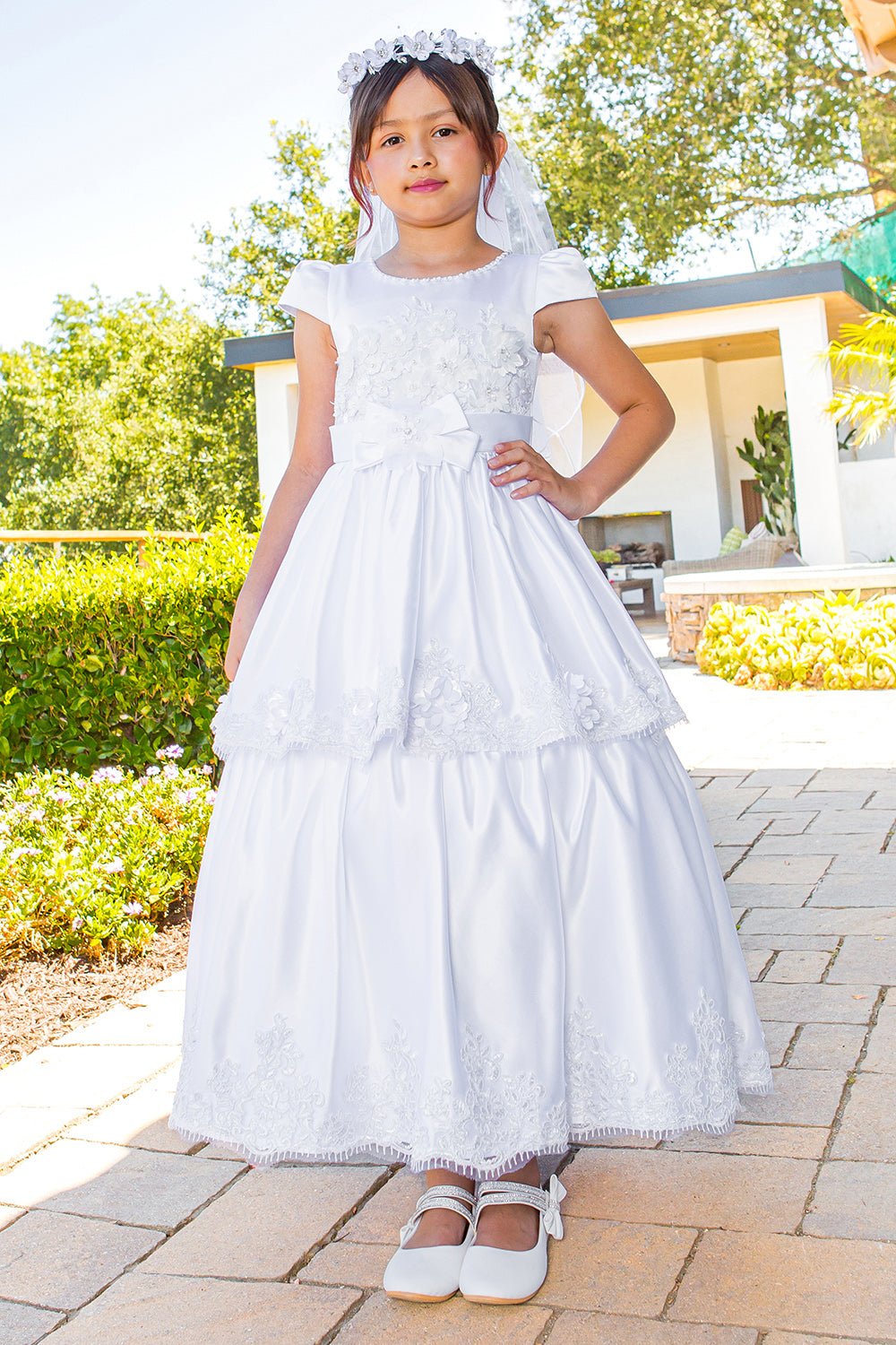 Front view of white Satin Cap Sleeve communion dress with Beaded Skirt, Lace Details.