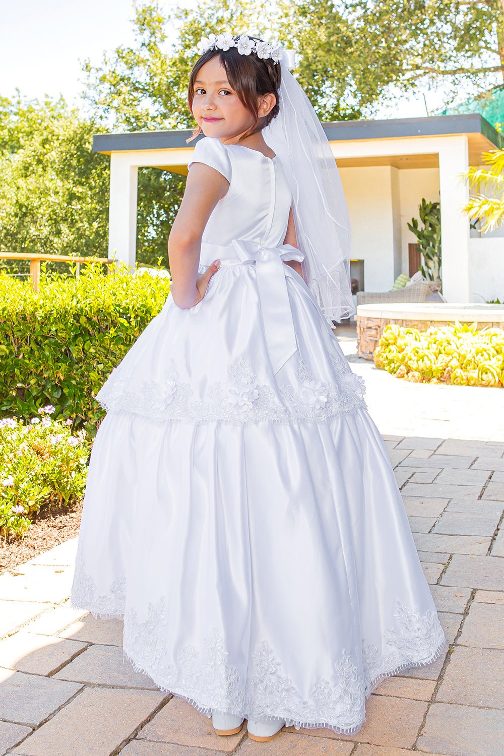 Elegant Illusion Top satin Cap Sleeve Embellished Skirt Communion Dress with Beads, Laces and Back Satin Sash - back view of dress.