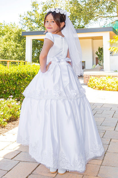Rear view reveals illusion Top satin Cap Sleeve Embellished Skirt White Communion Dress with Beads, Laces and Back Satin Sash - dress.