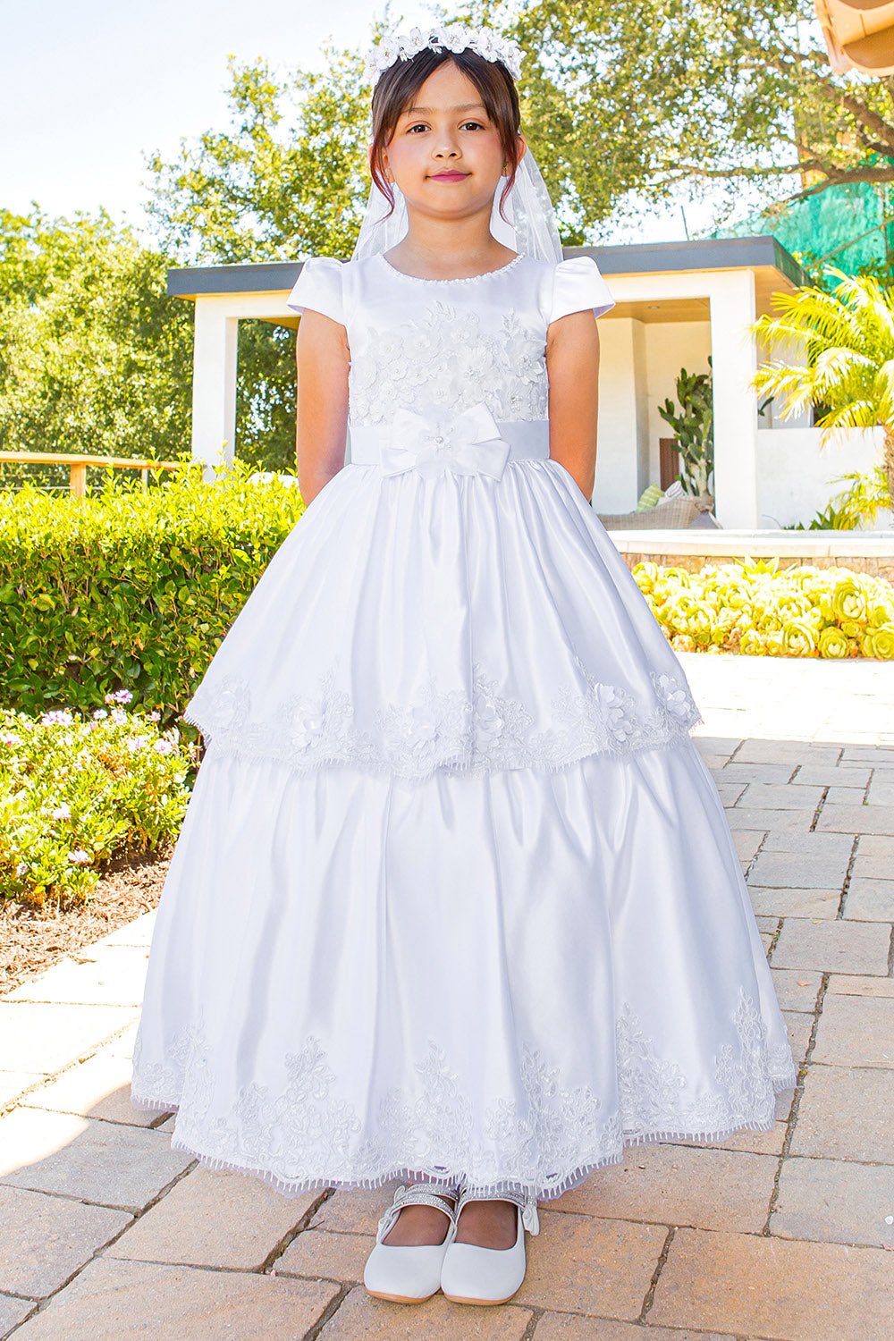 Elegant Illusion Top satin Cap Sleeve Embellished Skirt Communion Dress with Beads, Laces and Back Satin Sash - front view of dress.