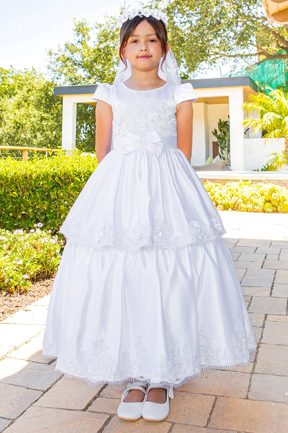 Elegant Illusion Top satin Cap Sleeve Embellished Skirt Communion Dress with Beads, Laces and Back Satin Sash - front view of girl wearing dress