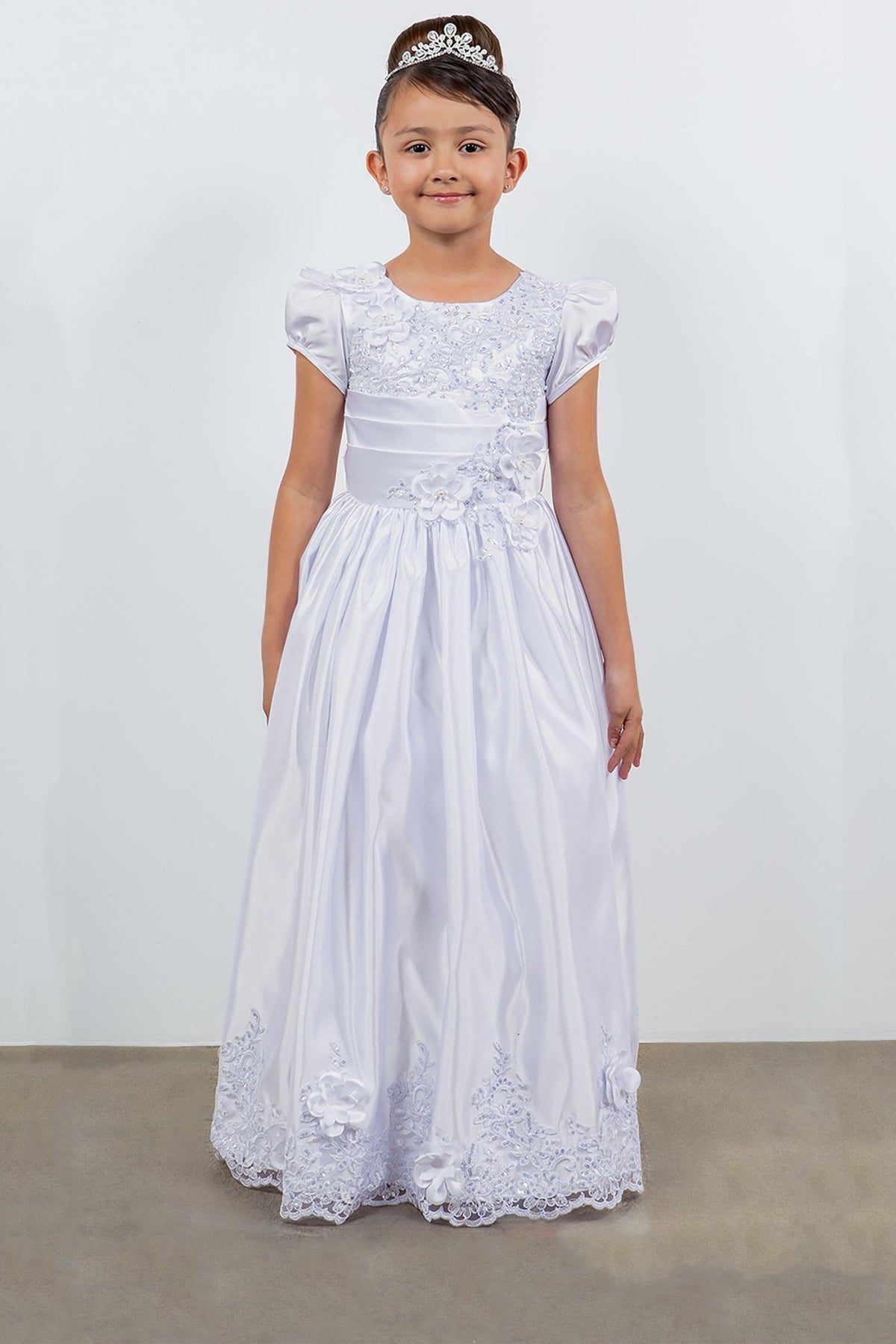 Elegant Satin Cap Sleeve First Communion Dress with Beads, Lace Details, and Back Satin Sash | Victoria Dress front view