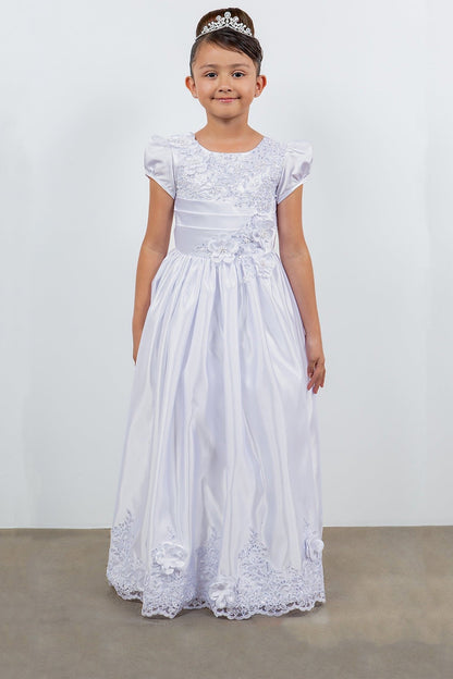 Rear view reveals satin Cap Sleeve First White Communion Dress with Beads, Lace Details, and Back Satin Sash | Victoria Dress.