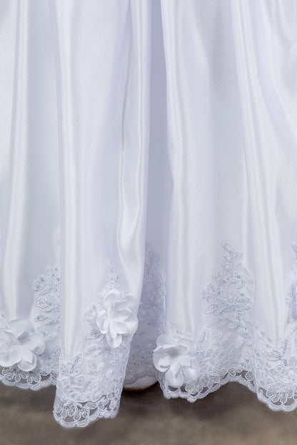 Bodice close-up highlights satin Cap Sleeve White Communion Dress with Beads, Laces and back satin sash - view of dress.