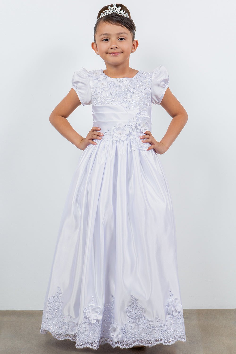 Front view of white Elegant Satin communion dress with Cap Sleeves, Beads, and Lace Details.