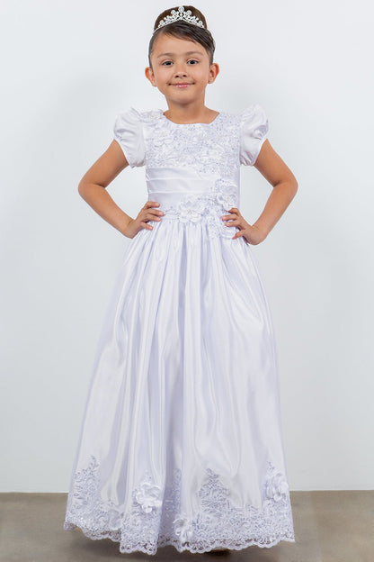 Full-length view highlights white Satin communion dress with Cap Sleeves, Beads, and Lace Details.