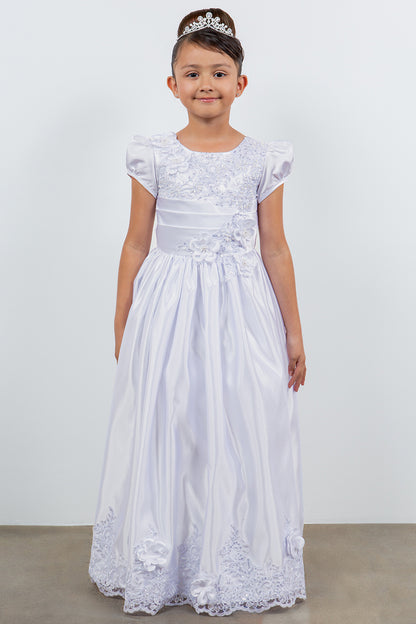 Elegant Satin Cap Sleeve Communion Dress with Beads, Laces and back satin sash - front view of dress