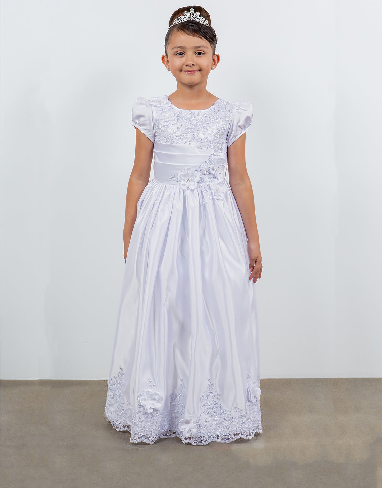 Elegant Satin Cap Sleeve First Communion Dress with Beads, Lace Details, and Back Satin Sash | Victoria Dress