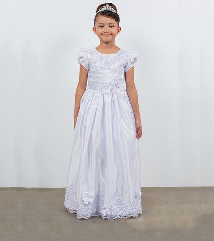 Elegant Satin Cap Sleeve First Communion Dress with Beads, Lace Details, and Back Satin Sash | Victoria Dress front view