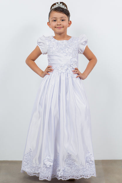 Elegant Satin Cap Sleeve Communion Dress with Beads, Laces and back satin sash - girl wearing dress with both hands on hips