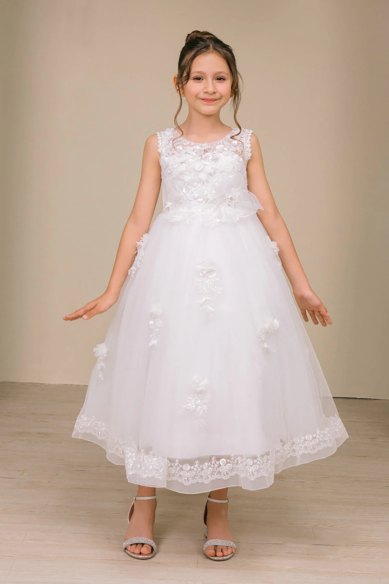 Front view of White V-Back Flower Appliqué Pearl Sequin Lace Tulle flower girl dress. Also suitable as a communion dress.