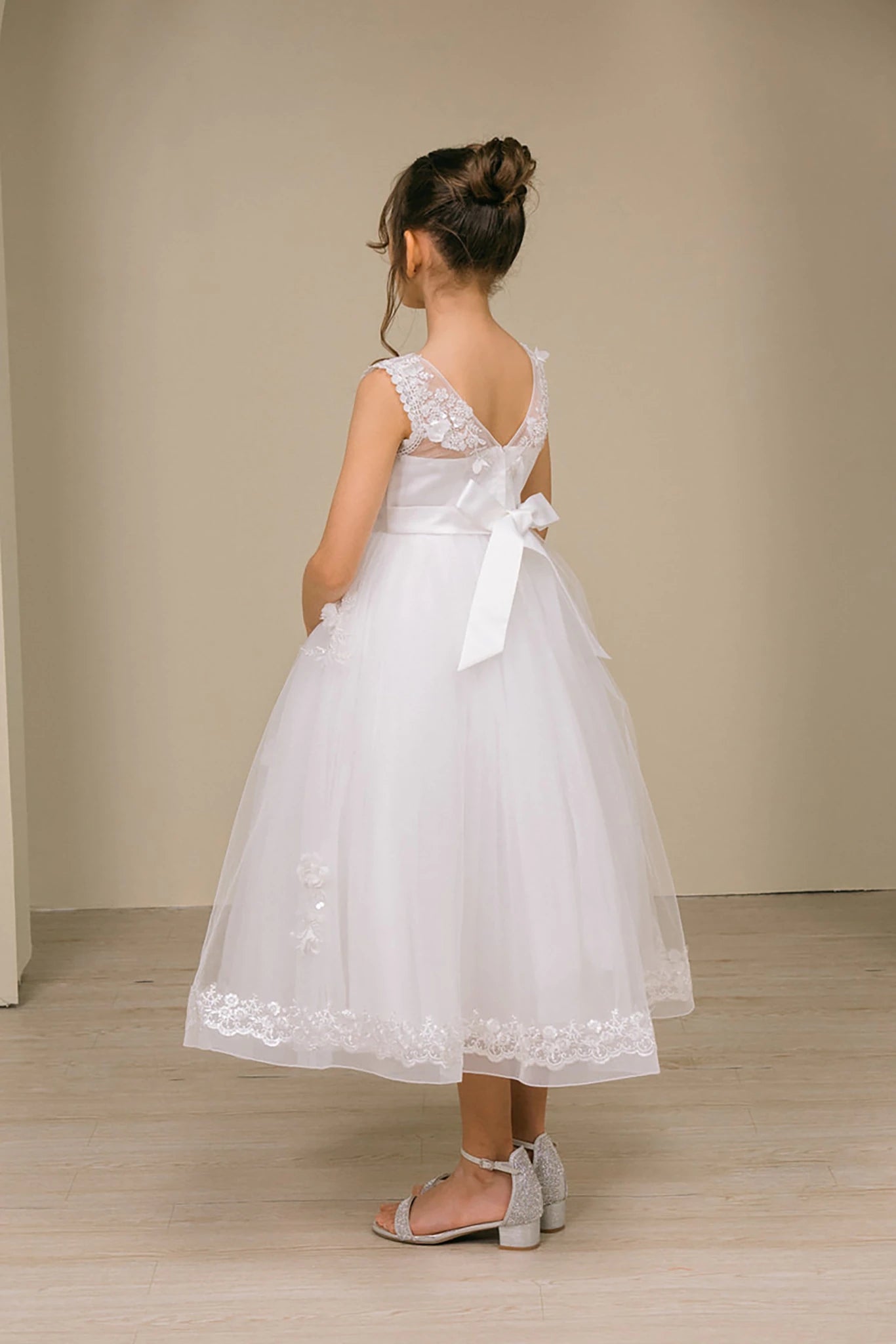 V back white floral lace flower girl dress. Also suitable as a communion dress.