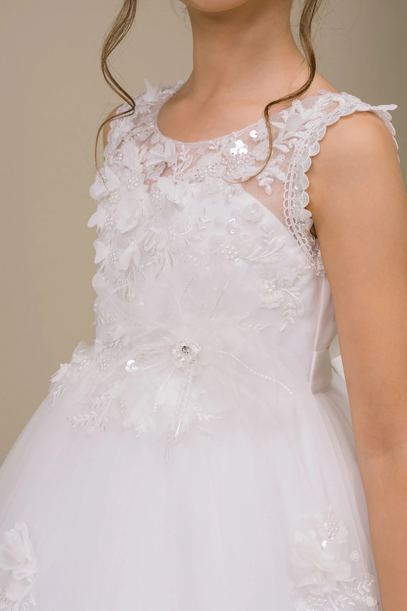 White floral applique pearl sequin lace flower girl dress. Also suitable as a communion dress.