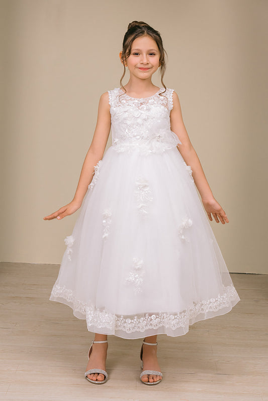 a girl standing and wearing white floral applique pearl sequin lace dress on a beige background