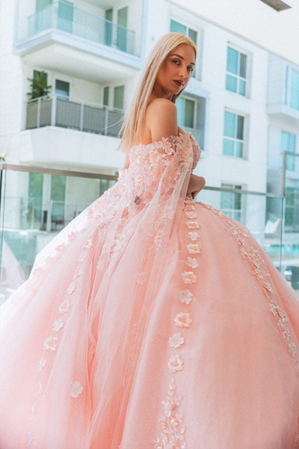 Quinceañera | Blush 3D Flower Sheer Bodice Mesh Long Train Quince Dress Ball Gown with Side Mesh Long Drapes | Plus Size Available | Leya dress side view