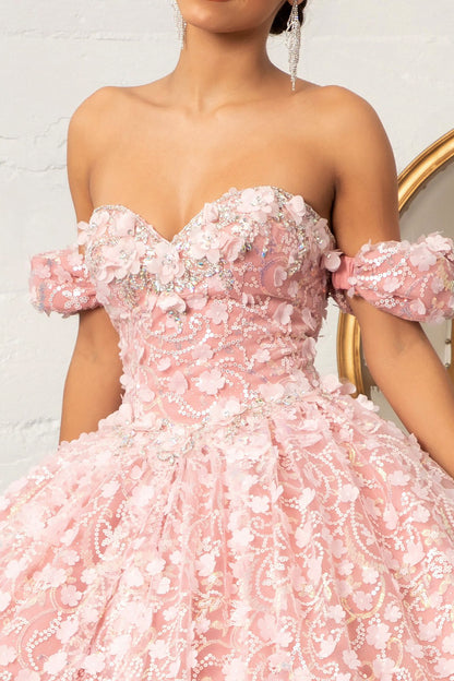 Quinceañera | Dusty Rose 3D Appliqué Jewel Embellished Mesh Ball Gown | Rita dress front zoom