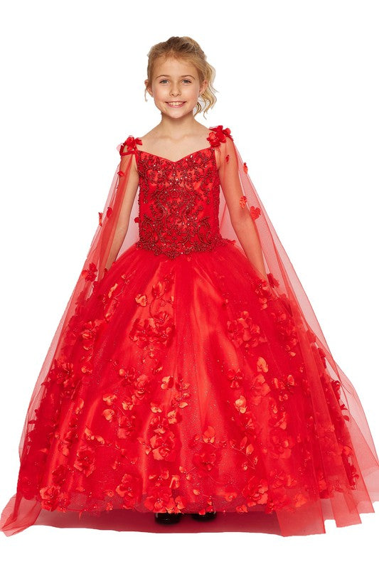 Mini Quince | Red 3D Flower, Stone and Pearl 3 Anos Mini Quinceanera Dress with Detachable Cape | Harper dress | 4 Colors front cape