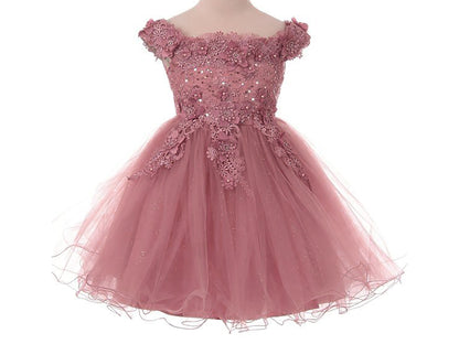 Dusty Rose Off the shoulder Embedded 3D Floral & Rhinestones Sparkling Glitter Tulle Flower Girl Dress - front view of dress