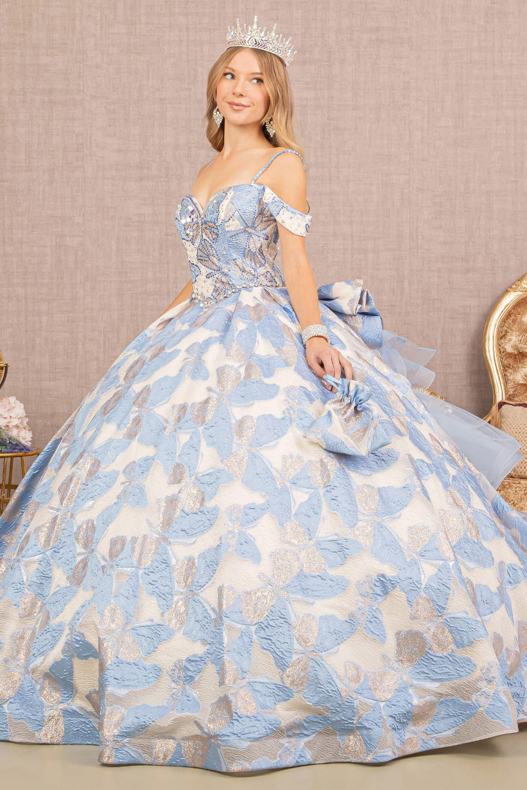 Quinceañera | Sky Blue Ribbon Jewel Quince Gown with Long Mesh Tail and Mini Bag | Ramona dress front view