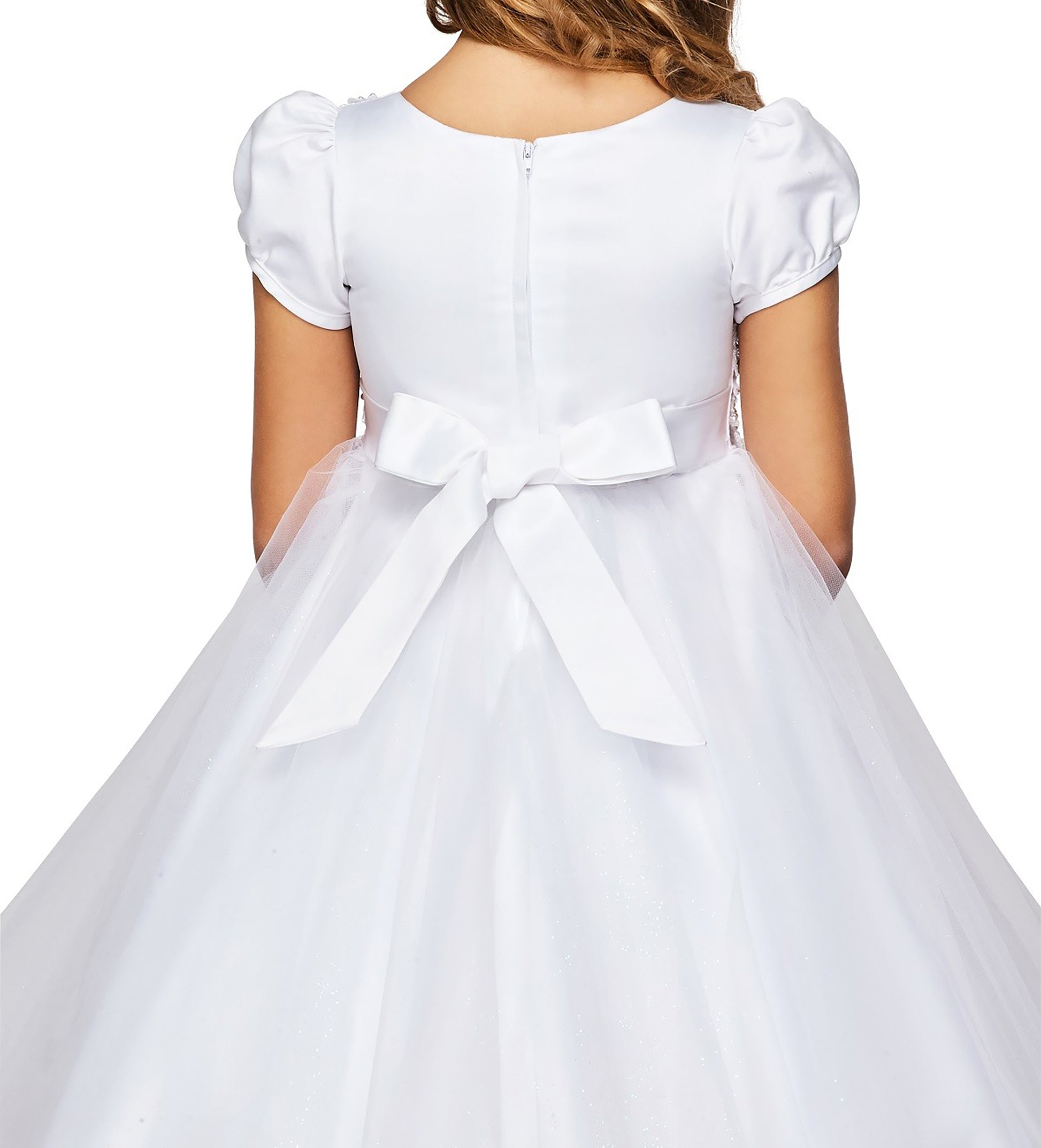 Communion Elegant Cap Sleeves with Pearl Satin and Tulle Dress | Classic First Communion Dress | White Flower Girl Dress - Zoomed in back view of dress with bow