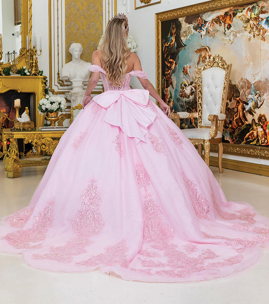 Quinceanera | Pink Off-Shoulder Beaded Bodice Long Train Dress with Matching Tiara | Malena dress back