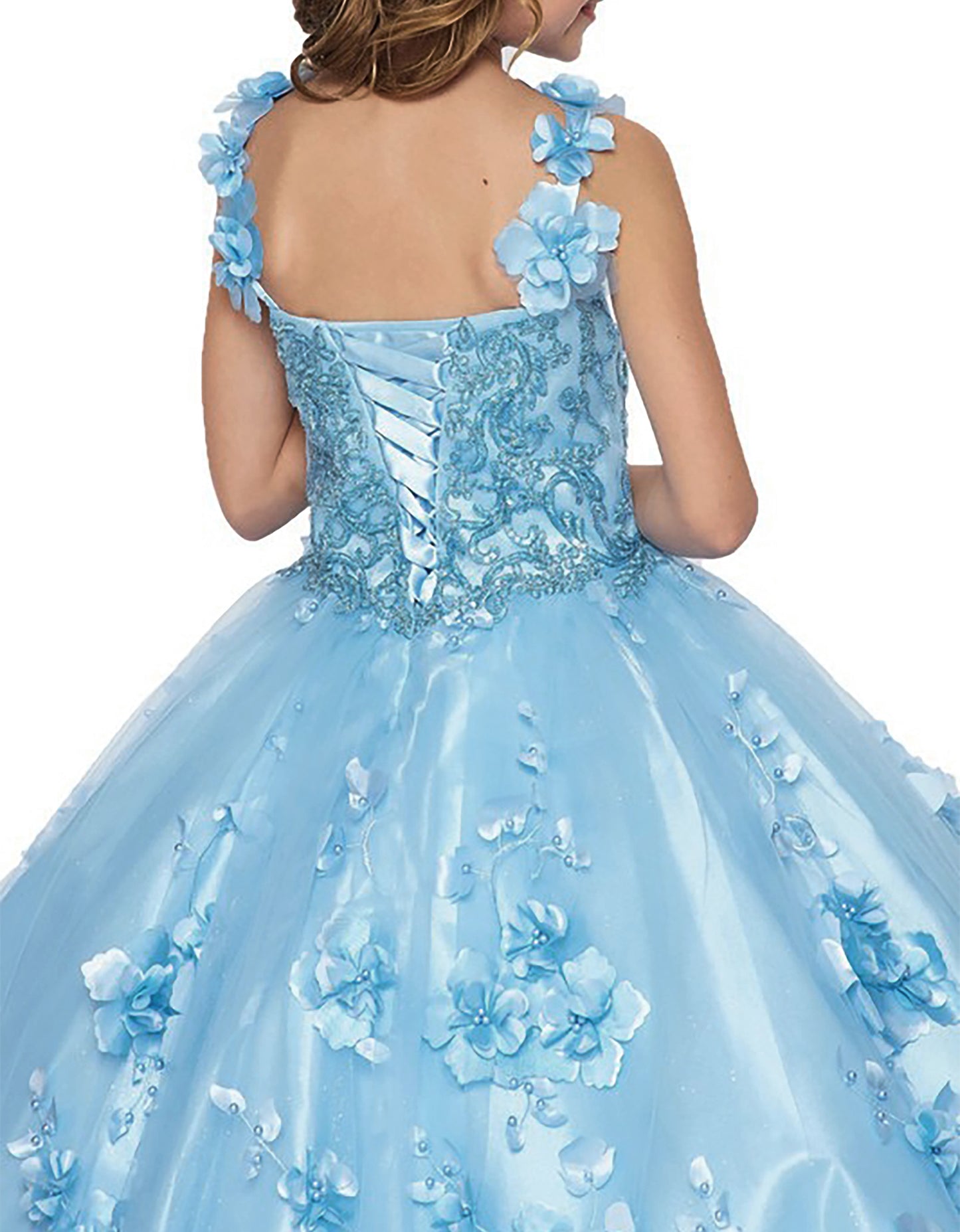 Mini Quince | Blue 3D Flower, Stone and Pearl 3 Anos Mini Quinceanera Dress with Detachable Cape | Harper dress | 4 Colors back view