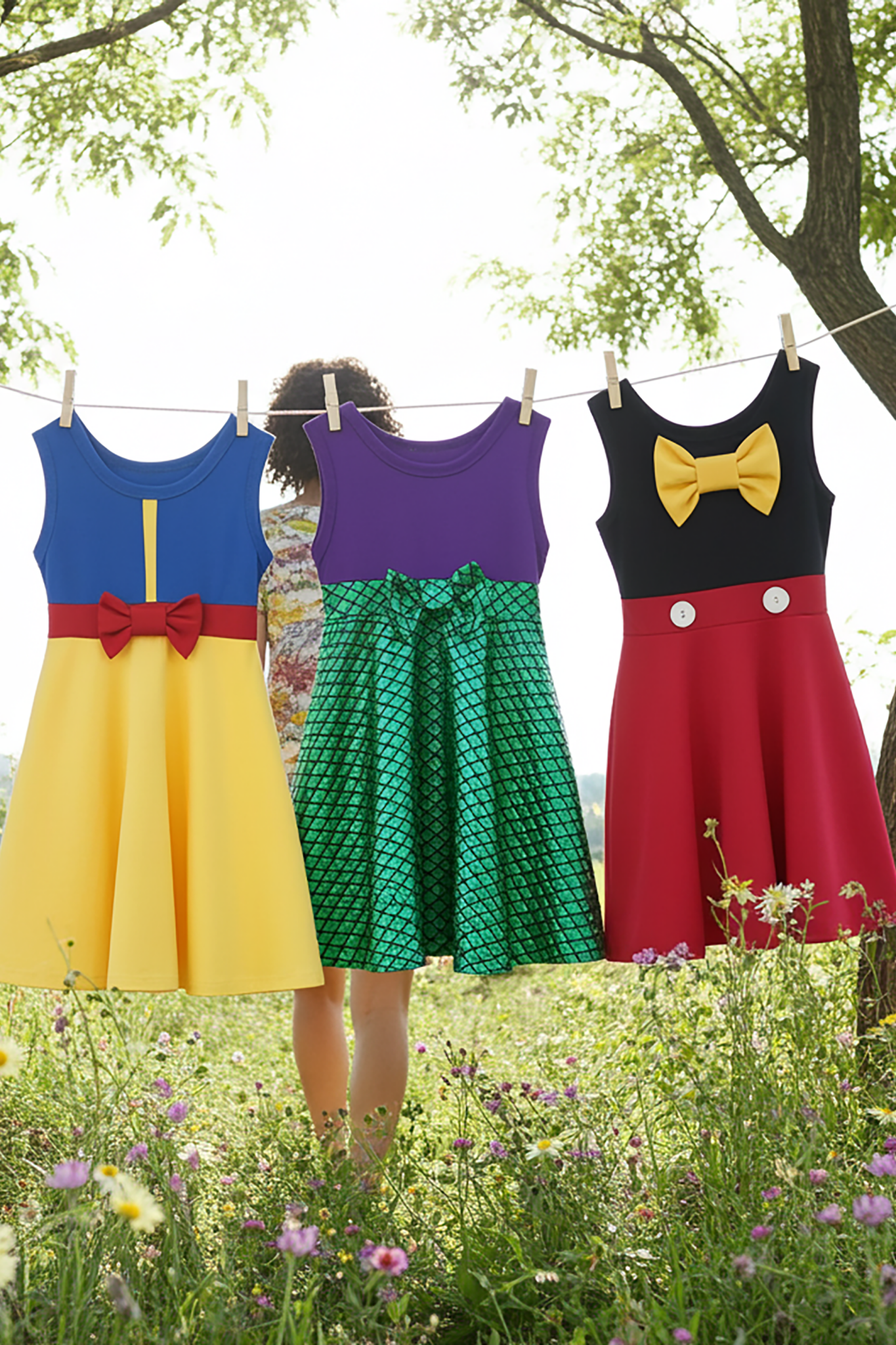Three colorful dresses hanging on a clothesline with a person standing in a field.