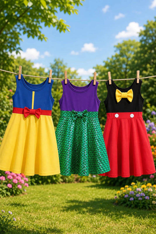 Three colorful children's dresses.he left dress is blue and yellow with a red bow; the middle dress is purple and green with a bow tie detail; the right dress is black and red with a yellow bow.