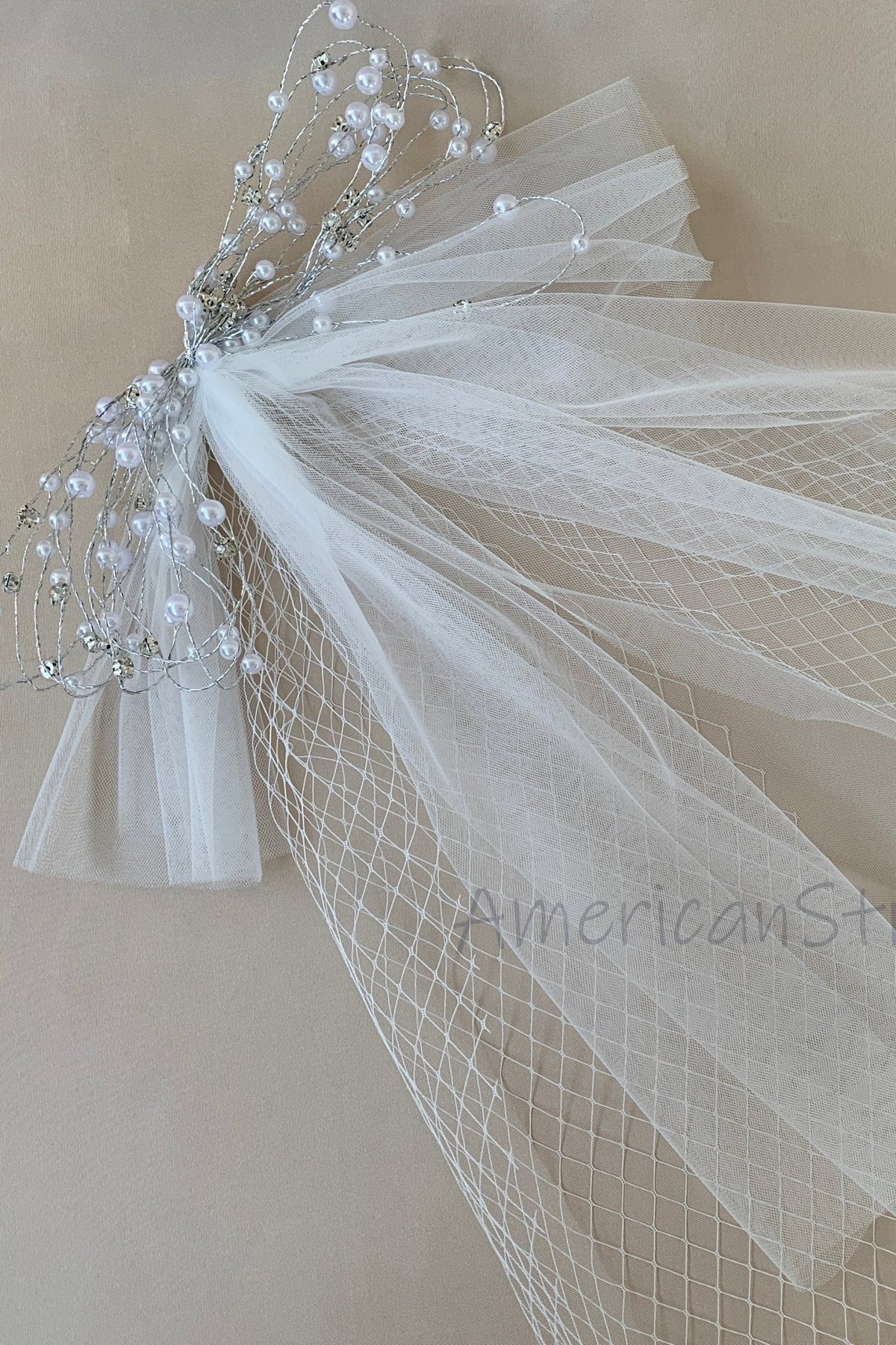 White pearl rhinestone flower girl veil.