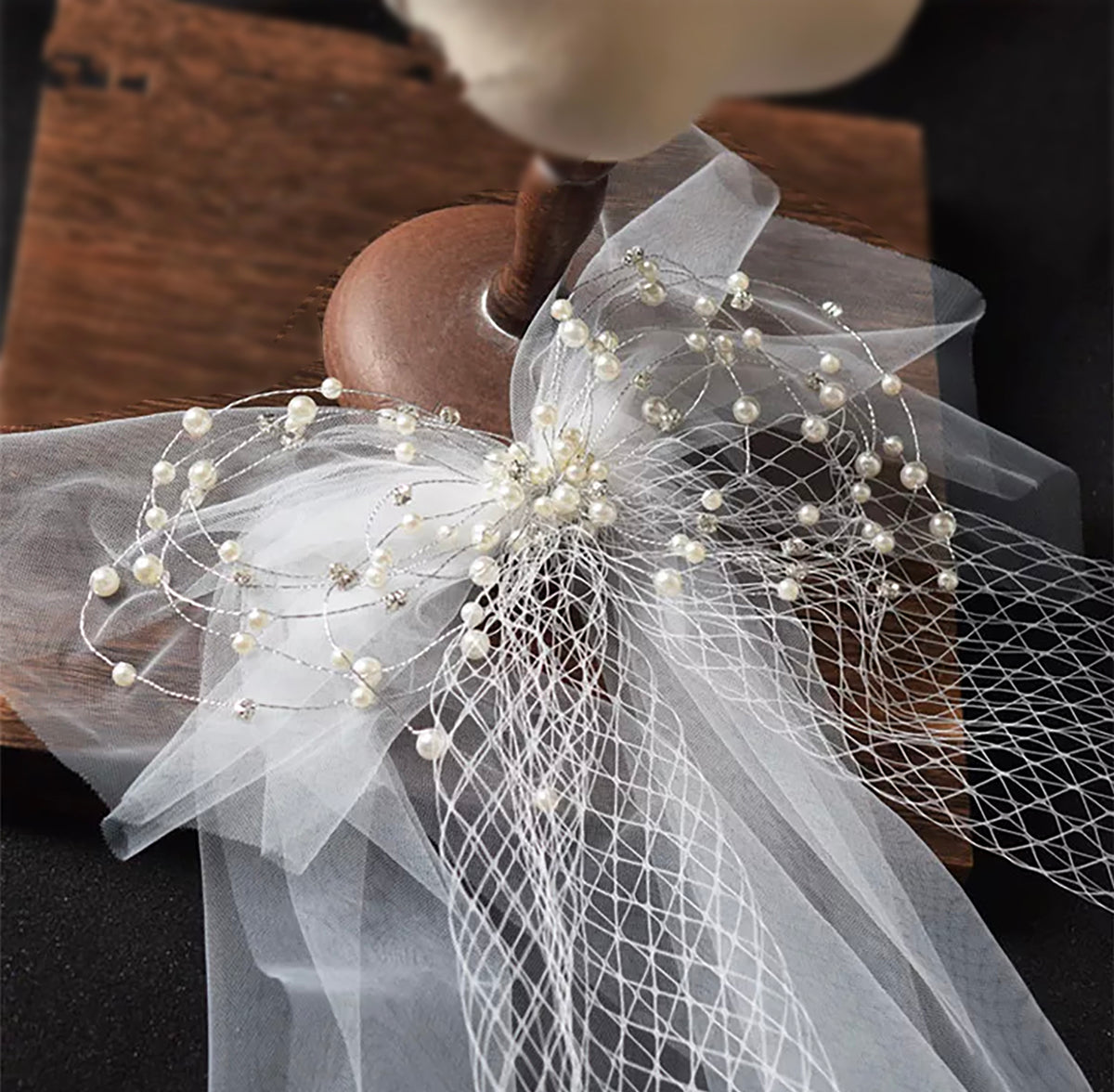 White pearl rhinestone flower girl veil.