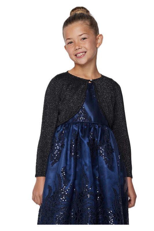 Featuring velvet neckline and flower rhinestone button, this Black metallic knit flower girl bolero jacket with rhinestone button adds a layer over dresses.