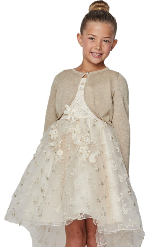 Featuring round neckline and button closure, this Ivory metallic knit flower girl bolero jacket with rhinestone button adds a layer over dresses.