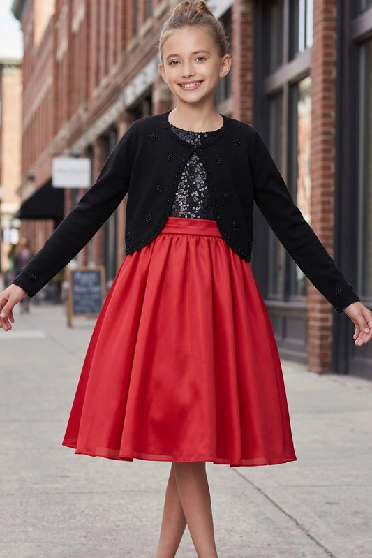 Featuring open front and long sleeves, this Black pearl embroidered flower girl bolero jacket adds a layer over dresses.