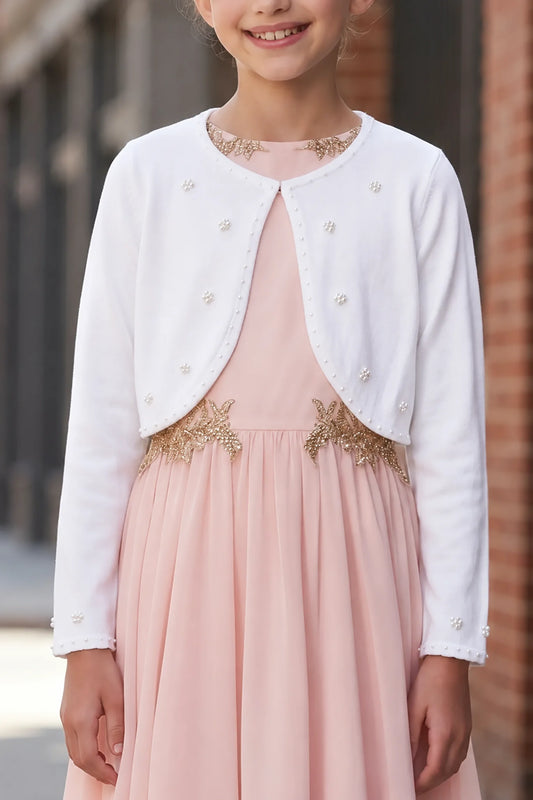 Featuring open front and long sleeves, this White pearl embroidered flower girl bolero jacket adds a layer over dresses.