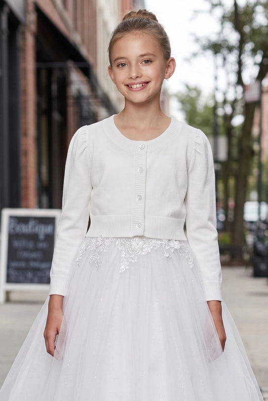Featuring pearl-like button front and round neckline, this Ivory knit flower girl bolero cardigan with pearl-like buttons adds a layer over dresses.