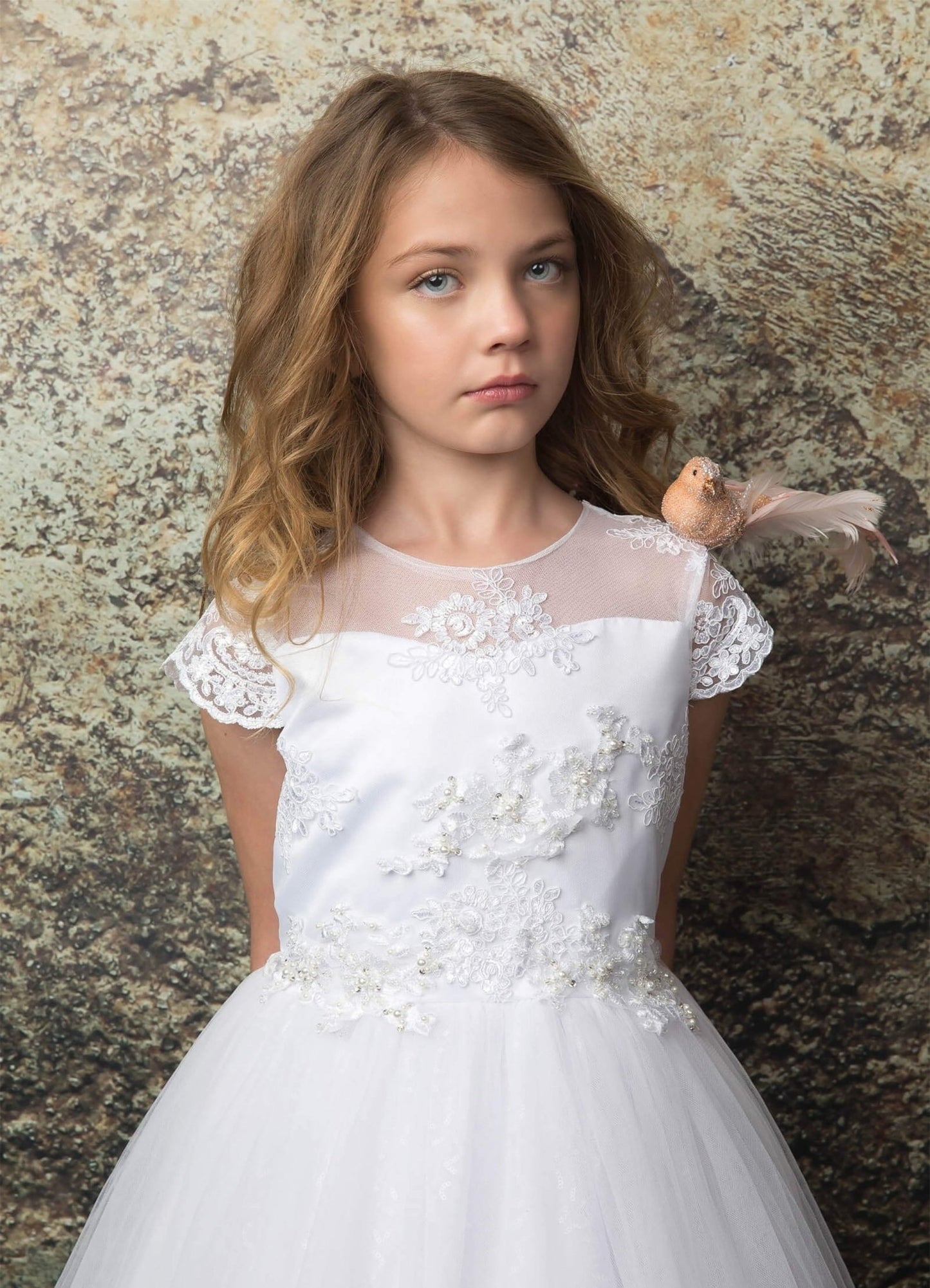 Close-up of white Lace Sleeves Embroidered Mesh Top communion dress.