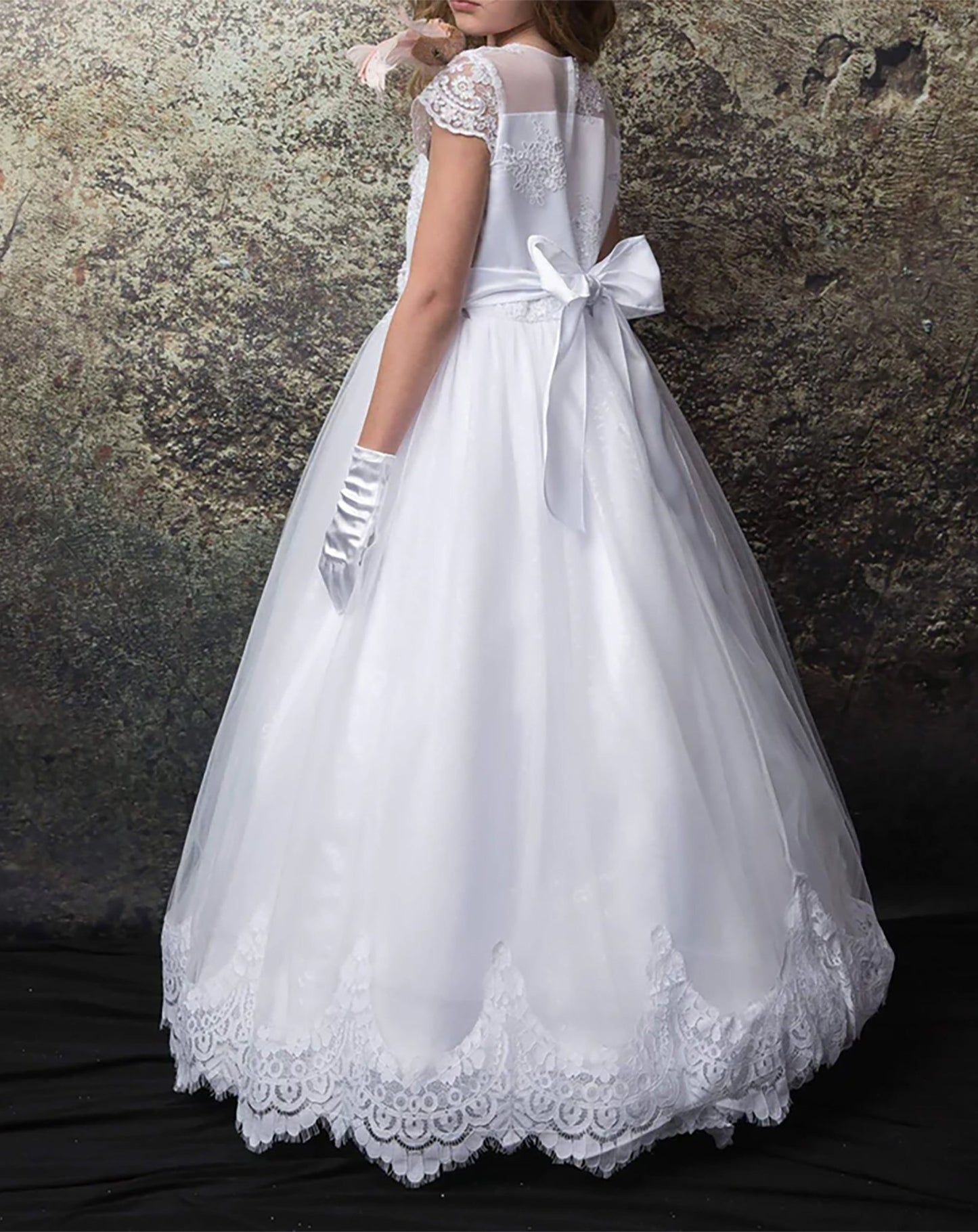 Front view of white Lace Sleeves Embroidered Mesh Top communion dress.