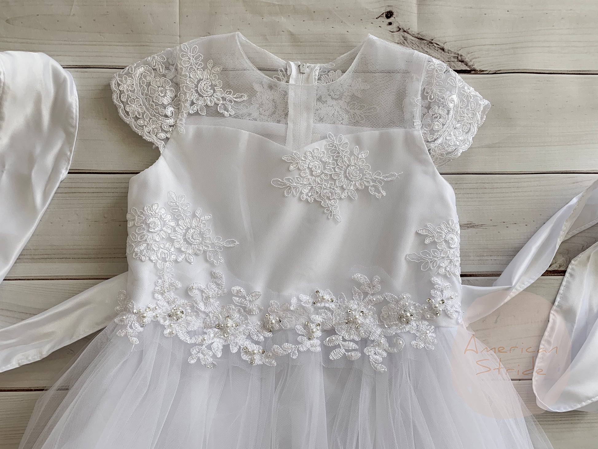 Front view of white Lace Sleeves Embroidered Mesh Top communion dress.