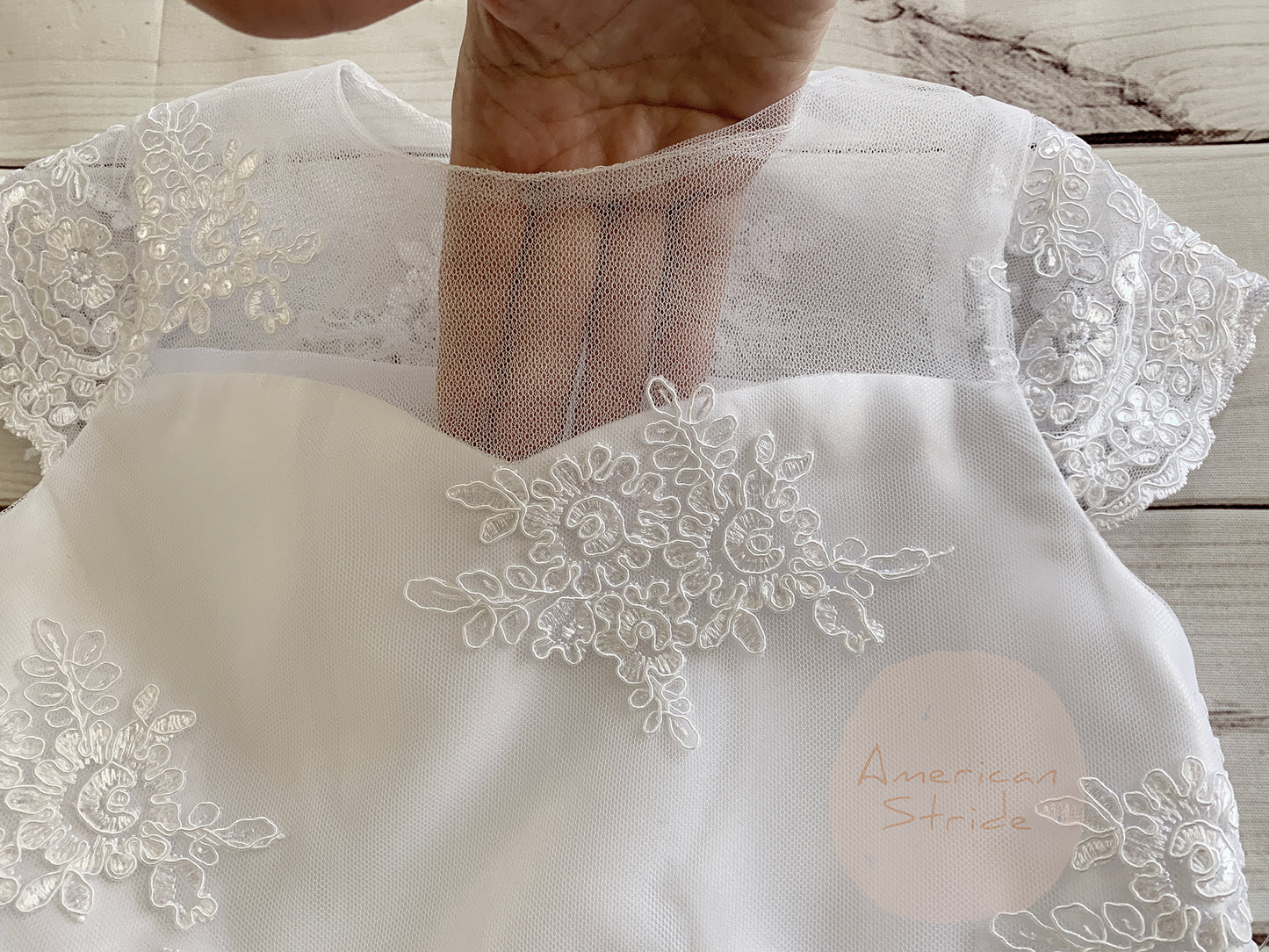 Front view of white Lace Sleeves Embroidered Mesh Top communion dress.