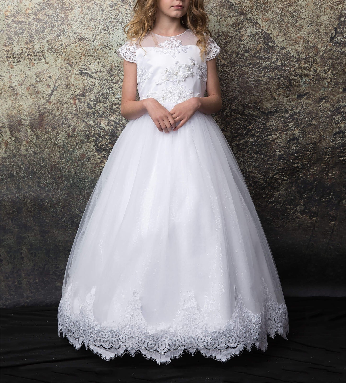 USA Made | Lace Sleeves Embroidered Mesh Top Flower Girl Dress | First Communion | Sizes 2-20 | Sandra Dress front view