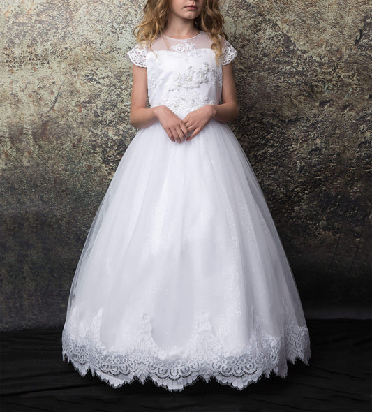 USA Made | Lace Sleeves Embroidered Mesh Top Flower Girl Dress | First Communion | Sizes 2-20 | Sandra Dress front view