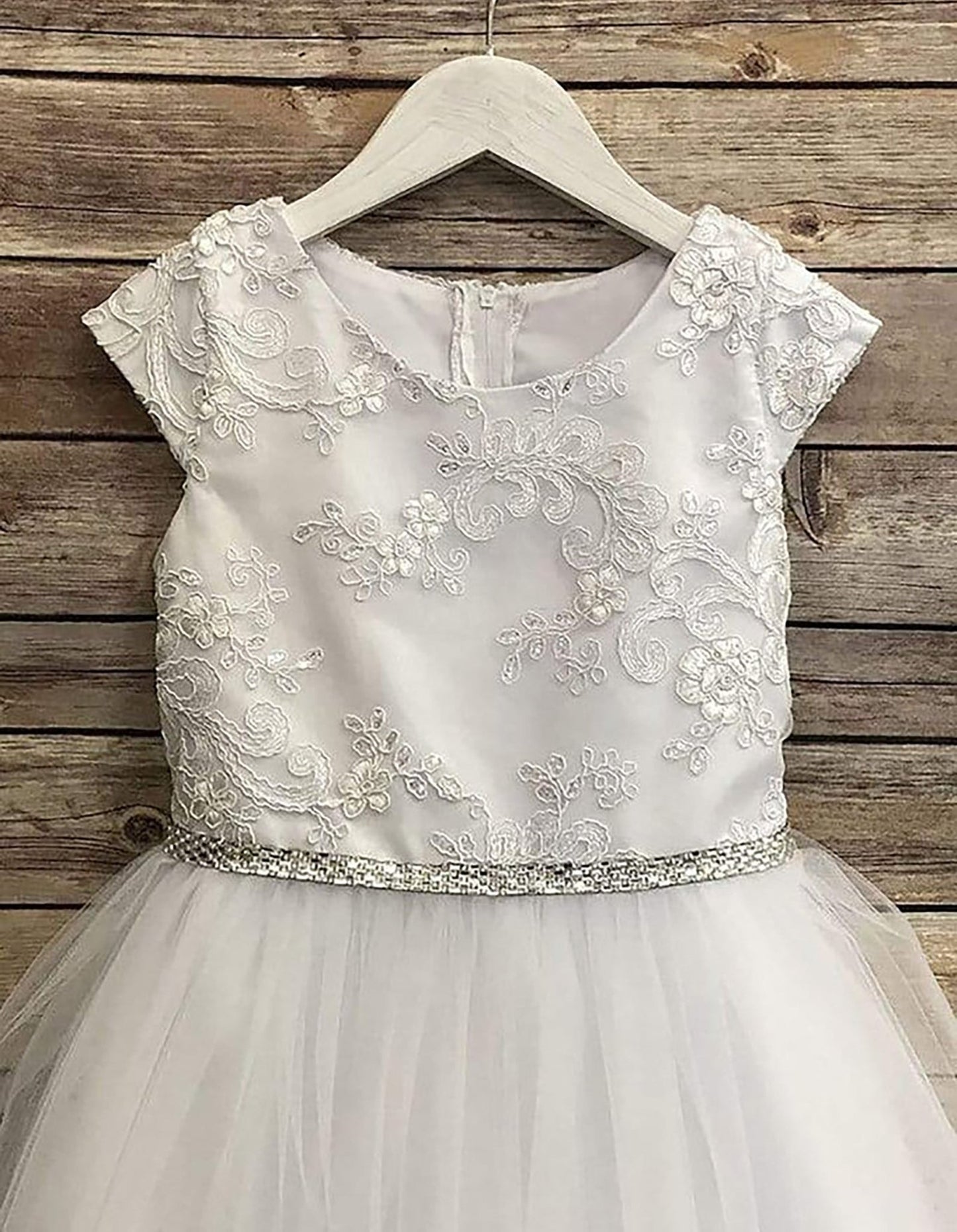 USA Made | Communion Luxurious Silk &amp; Glittery Tulle communion dress with Embroidery Appliqué | Sizes 2-20 | Luna Dress front detail.