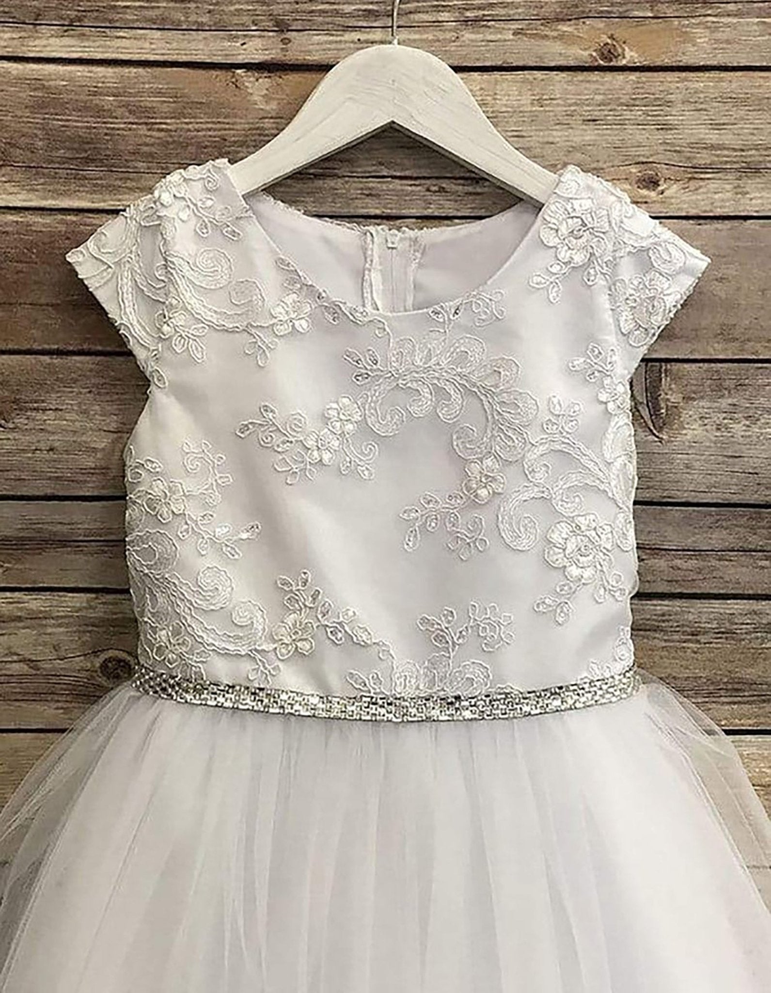 USA Made | Communion Luxurious Silk &amp; Glittery Tulle communion dress with Embroidery Appliqué | Sizes 2-20 | Luna Dress front detail.