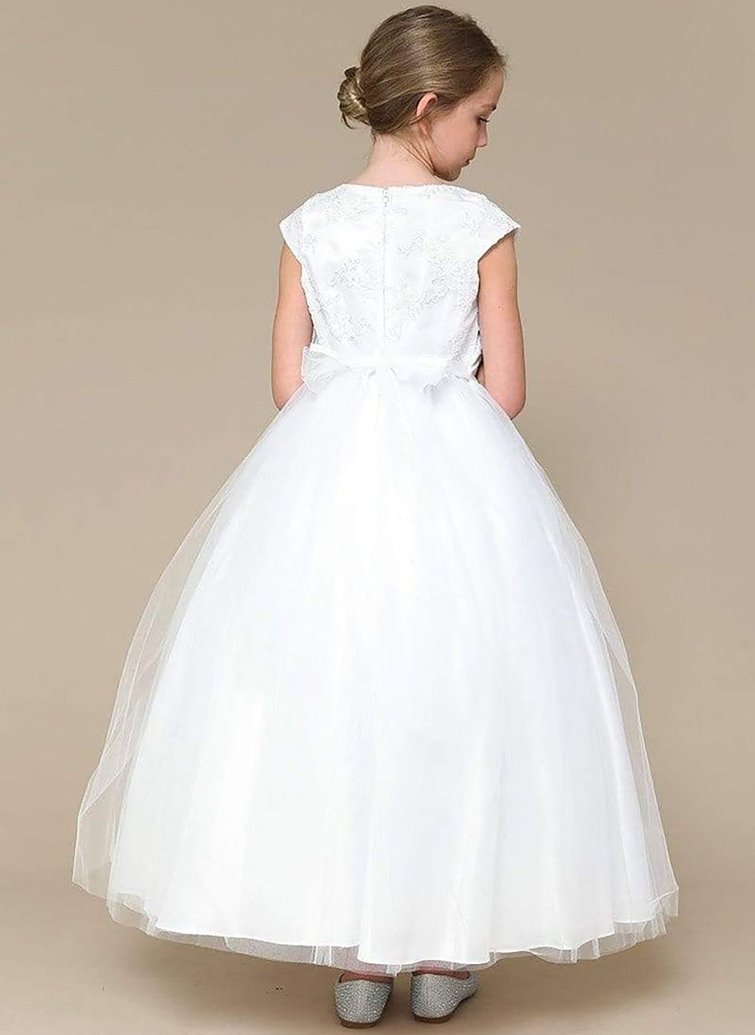 Front view of white Luxurious Silk Glittery Tulle with Embroidery Appliqué communion dress.