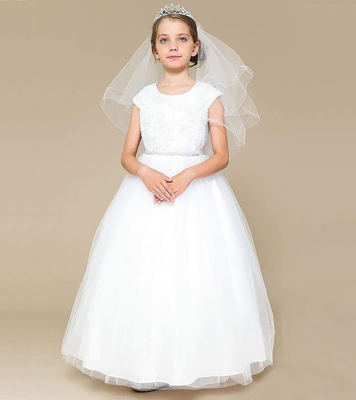 Front view of white Luxurious Silk Glittery Tulle with Embroidery Appliqué communion dress.
