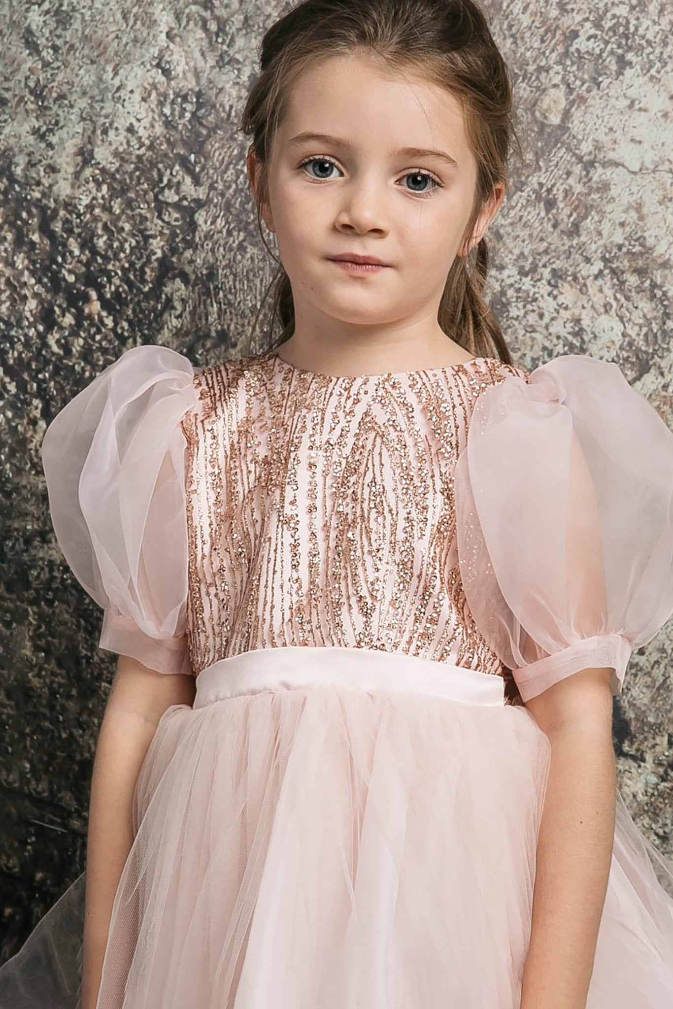 A Blush Glittering Sequin bodice Luxurious Tulle with Organza Bubble Sleeve Tea-length flower girl dress.